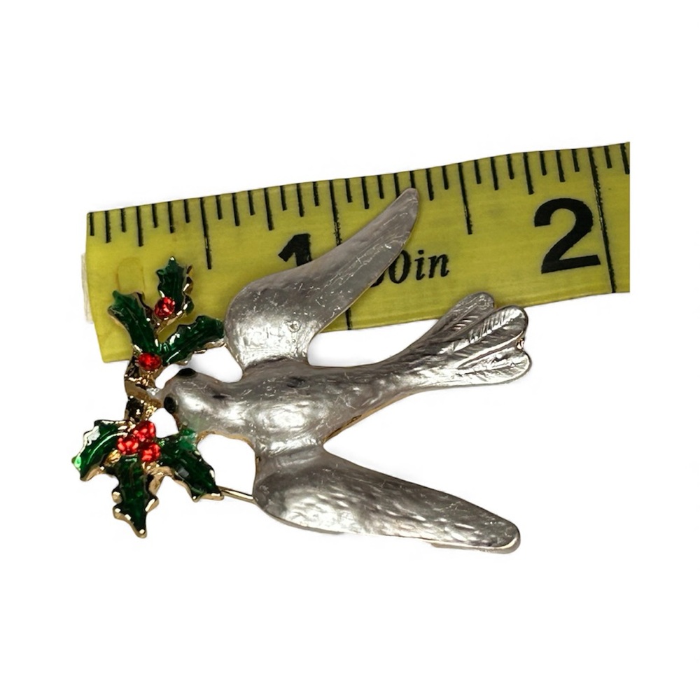 Silver Dove Brooch with Green and Red Accents - Picture 4 of 4
